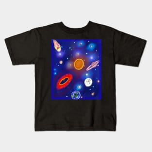 stars, planets, sun, moon, comet, mars, Saturn space collage Kids T-Shirt